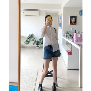 TheBlueTshirt - Áo Sơ Mi Nữ Trắng Tay Dài Cổ Trụ - White Stand-Up Collar Shirt