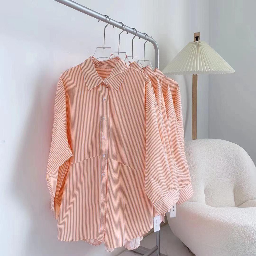 Áo Sơ Mi Chống Nắng Họa Tiết Kẻ Sọc Màu Cam Phong Cách Vintage Thời Trang Mùa Hè Cho Nữ
