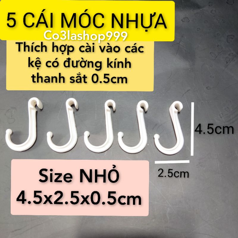 Set 5 cái móc nhựa dùng để cài kệ sắt/kệ inox size nhỏ treo phụ kiện nhà tắm, đồ dùng nhà bếp