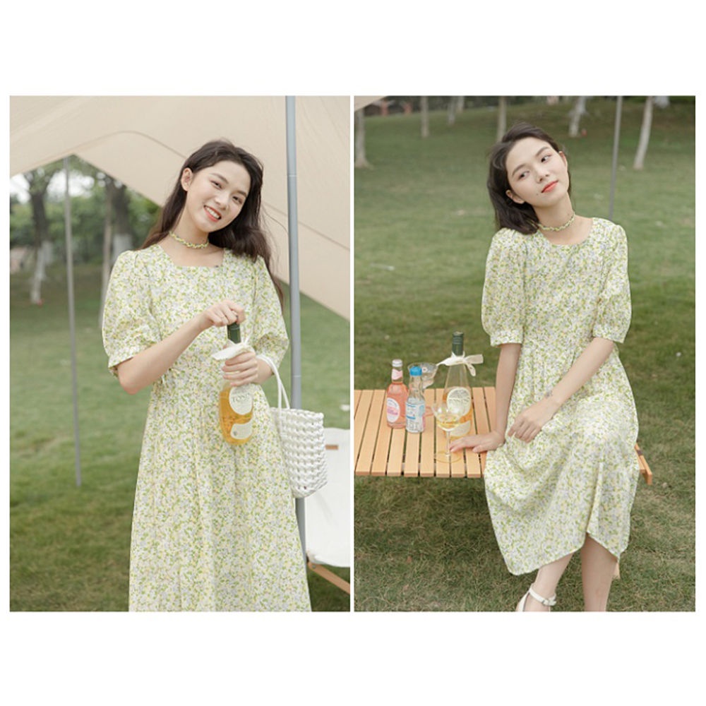 Đầm Voan Hoa Nhỏ Thắt Dây Eo Màu Vàng Thời Trang Mùa Hè Hàng Mới 2022