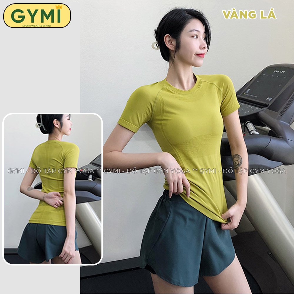 Áo tập gym yoga nữ GYMI AC28 dáng ngắn tay cạp dài phủ bụng chất dệt kim thể thao co giãn thấm hút