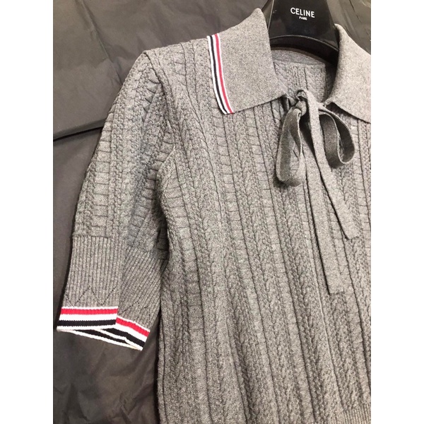 Áo len tay ngắn cho nữ có cổ thắt dây nơ thương hiệu Thom Browne cao cấp