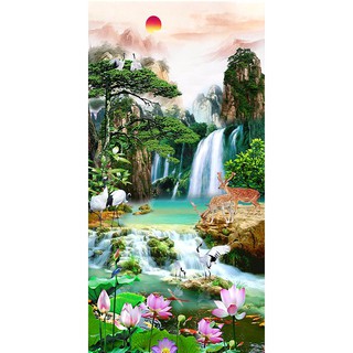 Tranh dán tường khổ dọc HD Sơn thủy hữu tình HUD0632 Kim sa