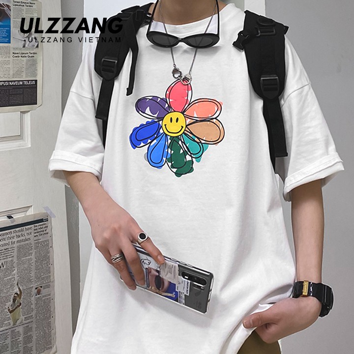 Áo thun tay lỡ ULZZANG cotton dáng unisex in hình hoa cúc mặt cười | BigBuy360 - bigbuy360.vn
