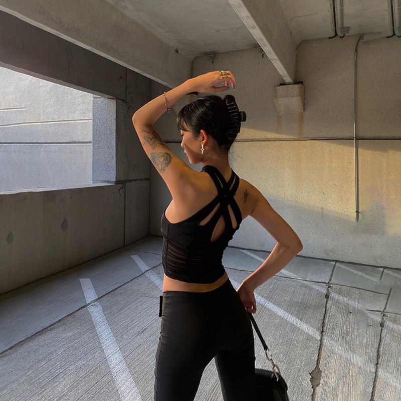 Brroa Áo Crop Top Lưới Không Tay Dây Chéo Gợi Cảm Mùa Hè Harajuku Cho Nữ Pa