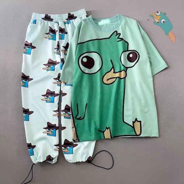 Set bộ đùi hoạt hình thú mỏ vịt UNISEX quần cartoon kèm áo thun tay lỡ siêu xinh kèm ảnh/video thật