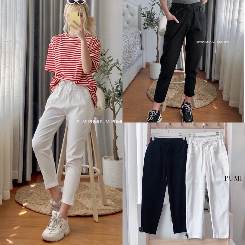 Quần dáng baggy ống suông nữ dây rút lưng thun chất kaki thun có độ co giãn tốt 3 size SML Pumi