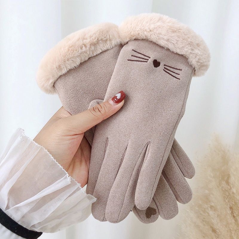 Găng Tay Da Lộn Lót Lông Cừu Lót Lông Cừu Dày Dặn Giữ Ấm Chống Lạnh Dễ Thương Dành Cho Bạn Nữ Đi Xe Đạp Vào Mùa Đông