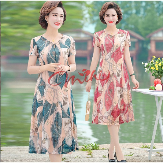 Váy Đầm trung niên nữ cho mẹ phối hoa cao cấp V81c- Áo đầm kiểu thời trang dự tiệc dạ hội đẹp cho người lớn tuổi Bigsize