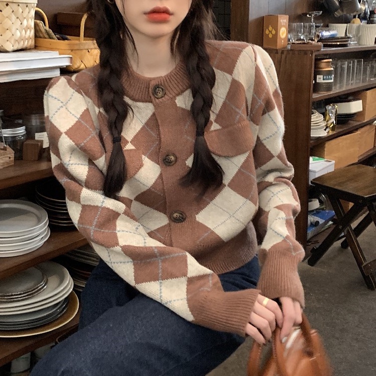 Áo Khoác Len Cardigan Tay Dài Dáng Rộng Sọc Ca Rô Thời Trang Retro Hàn Quốc Cho Nữ