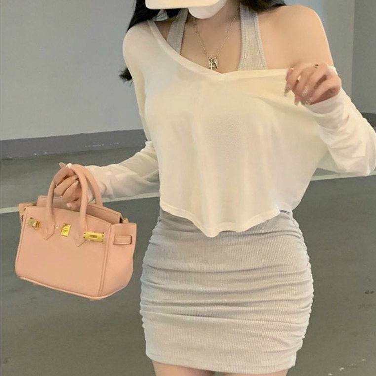 Set đầm ôm body cổ yếm kèm khoác croptop đầm váy nữ cực sexy tôn dáng cho nàng đi chơi dạo phố dự tiệc đầm body tôn dáng