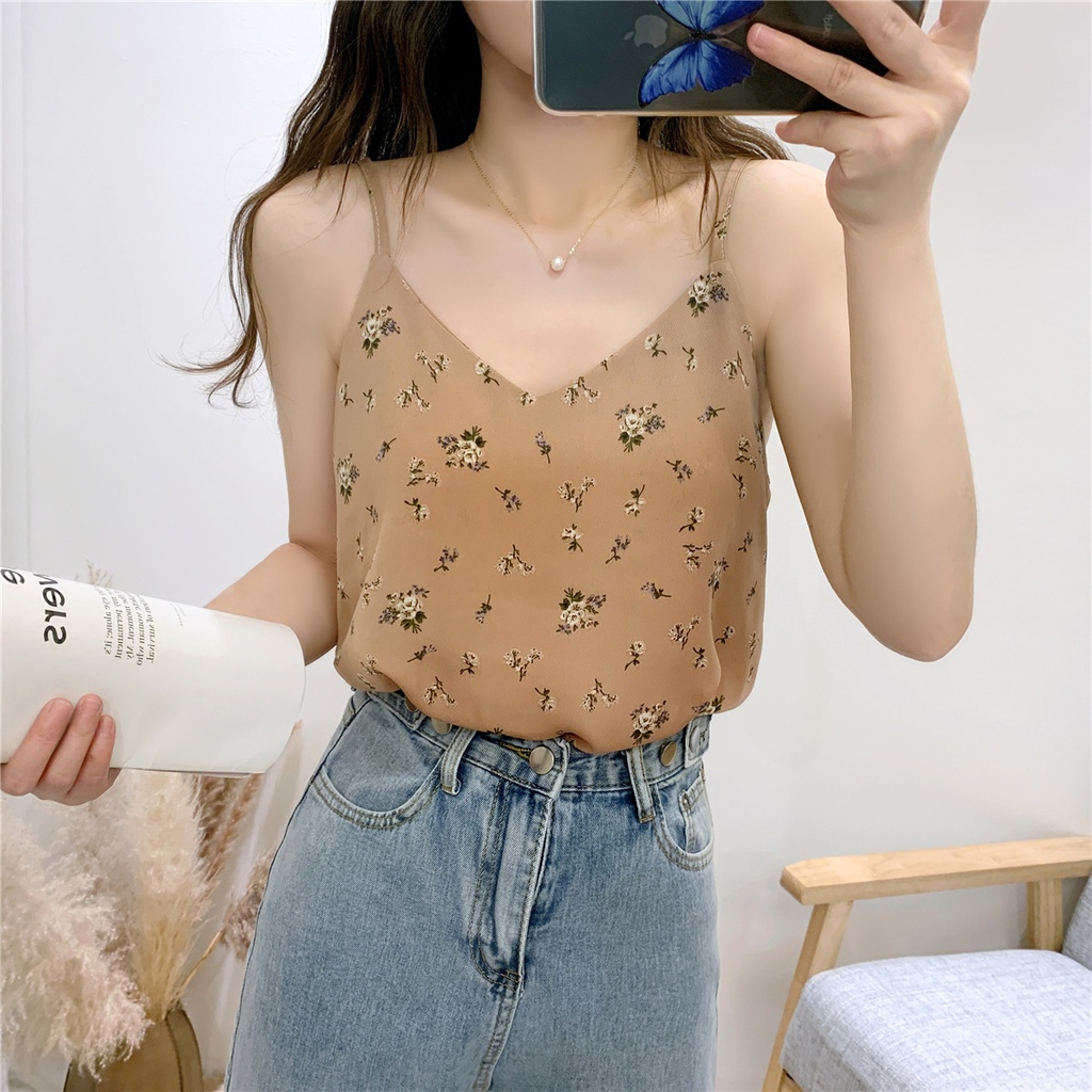 MS634 Áo hai dây nữ voan hoa nhí hè xuân