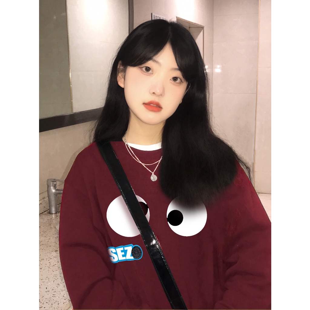 SELVZE Áo sweater tay dài cổ tròn dáng rộng vải cotton in họa tiết thời trang cao cấp