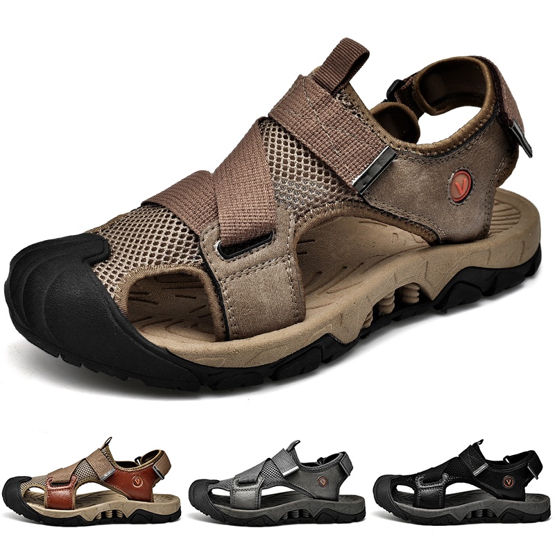 Giày Sandal Da Bò Thiết Kế Đục Lỗ Thoáng Khí Thời Trang Đi Biển Cho Nam