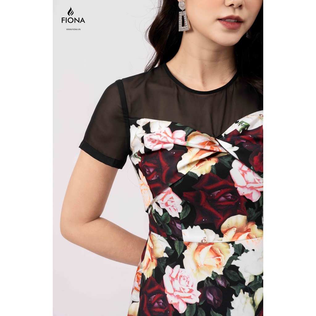 Đầm xòe FIONA, đầm nữ công sở xoắn ngực họa tiết hoa 3D mã F451261