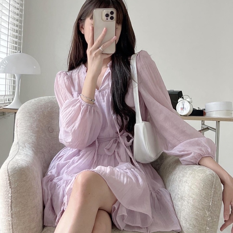 Váy babydoll dáng ngắn, váy đầm nữ dài tay tầng 2 lớp voan tơ xước freesize phom suông thắt eo hàn quốc C1092