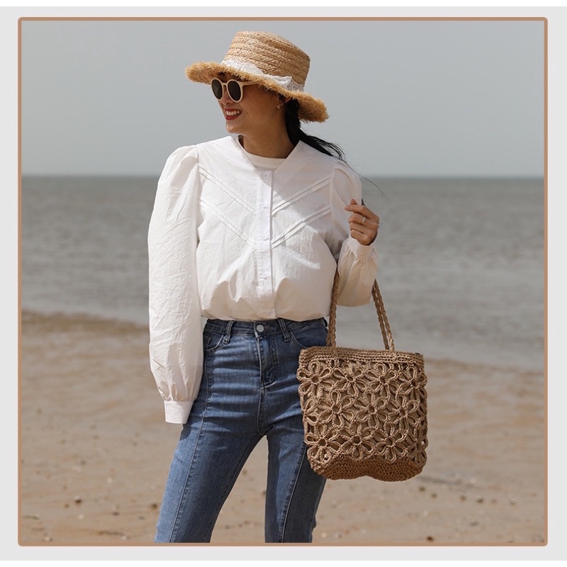 Giỏ Túi Cói Rơm Đan Bện Chặt Hình Hoa Siêu Xinh ABBB030