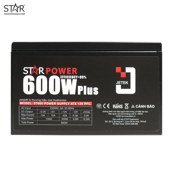 Nguồn máy vi tính Jetek STAR Power ST600 600W Plus + Dây Nguồn