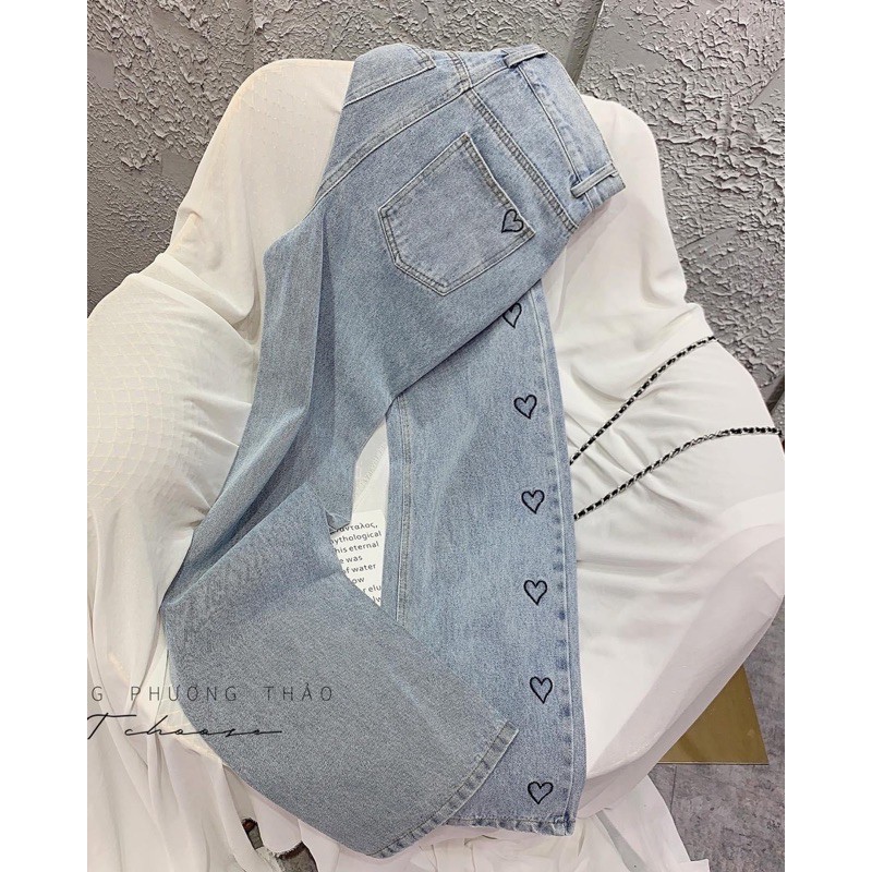 Quần Jeans Ống Rộng In Trái Tim Dọc - Quần Ống Rộng Nữ Dáng Suông Lưng Cao Ulzzang QJ45