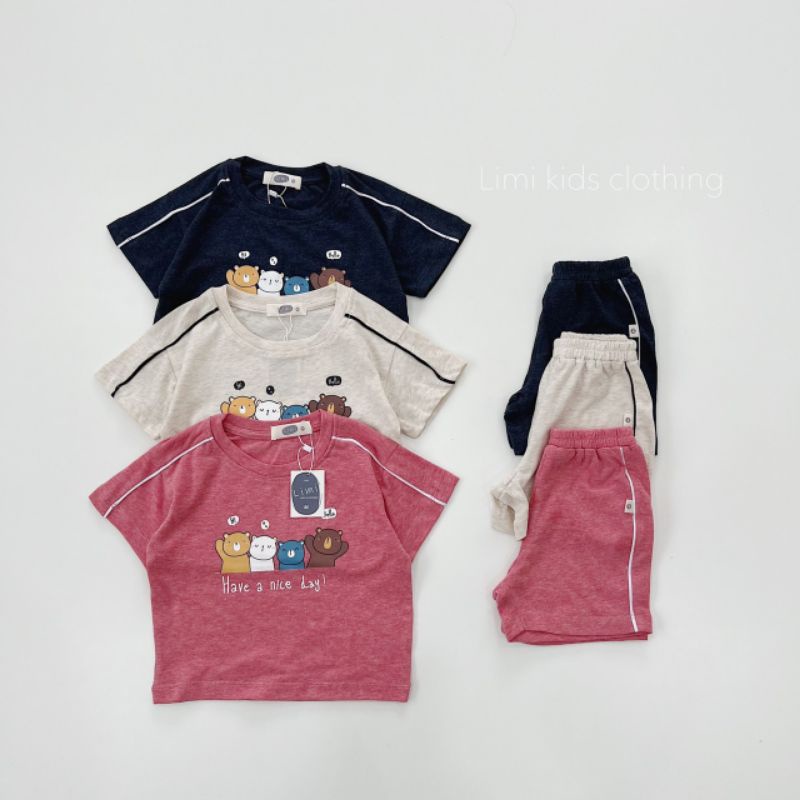 Bộ cotton ngắn tay hình gấu vui vẻ cho bé trai bé gái 8-22kg - Hàng thiết kế cao cấp Limikid - Ảnh thật