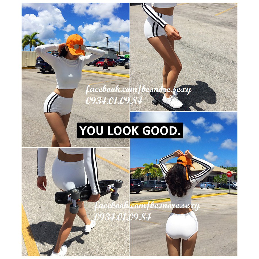 Đồ bơi nữ dài tay Hàn Quốc áo lửng quần cạp cao sọc | BigBuy360 - bigbuy360.vn