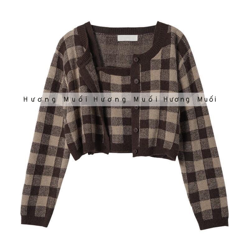 Set áo len khoác ngoài kèm áo 2 dây kẻ caro - 5 màu