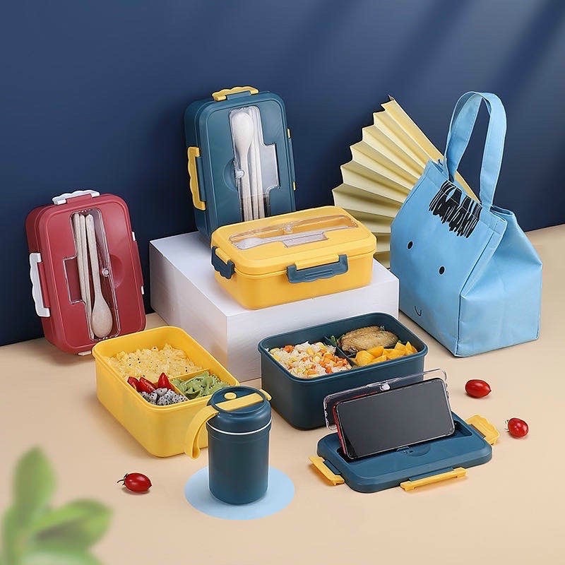 Hộp Cơm Văn Phòng Lúa Mạch 3 Ngăn Giữ Nhiệt Đựng Thức Ăn Cao Cấp Kèm Muỗng Đũa