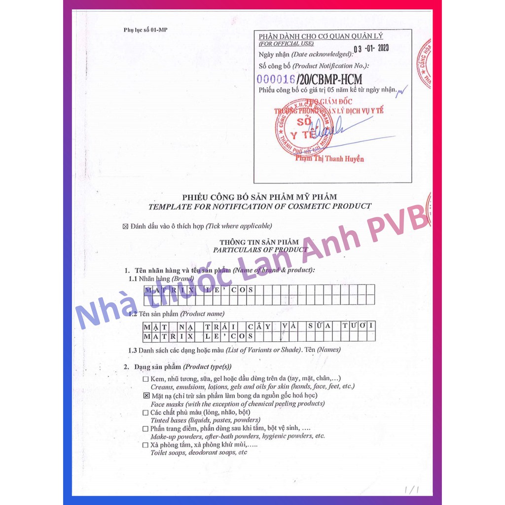 Mặt nạ MATRIX LE COS TRÁI CÂY VÀ SỮA TƯƠI.