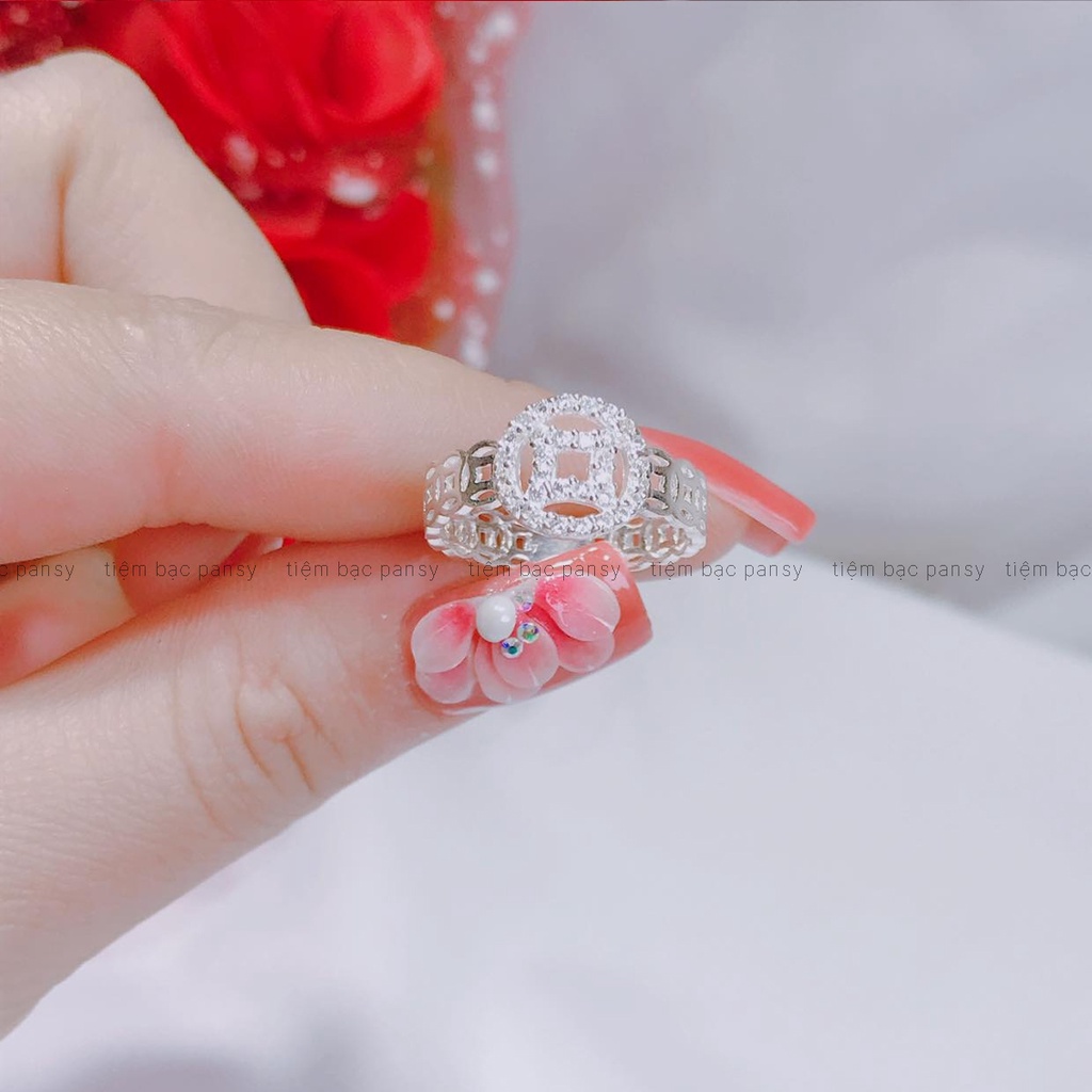 Nhẫn kim tiền bạc PANSY mặt đồng xu đính đá, nhẫn nữ ý nghĩa tài lộc may mắn bằng bạc ta thật