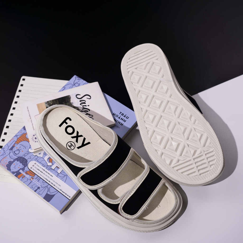 Dép sục nữ thể thao hở mũi quai dán ngang màu đen trắng basic đế cao 3cm Foxy - FOM009
