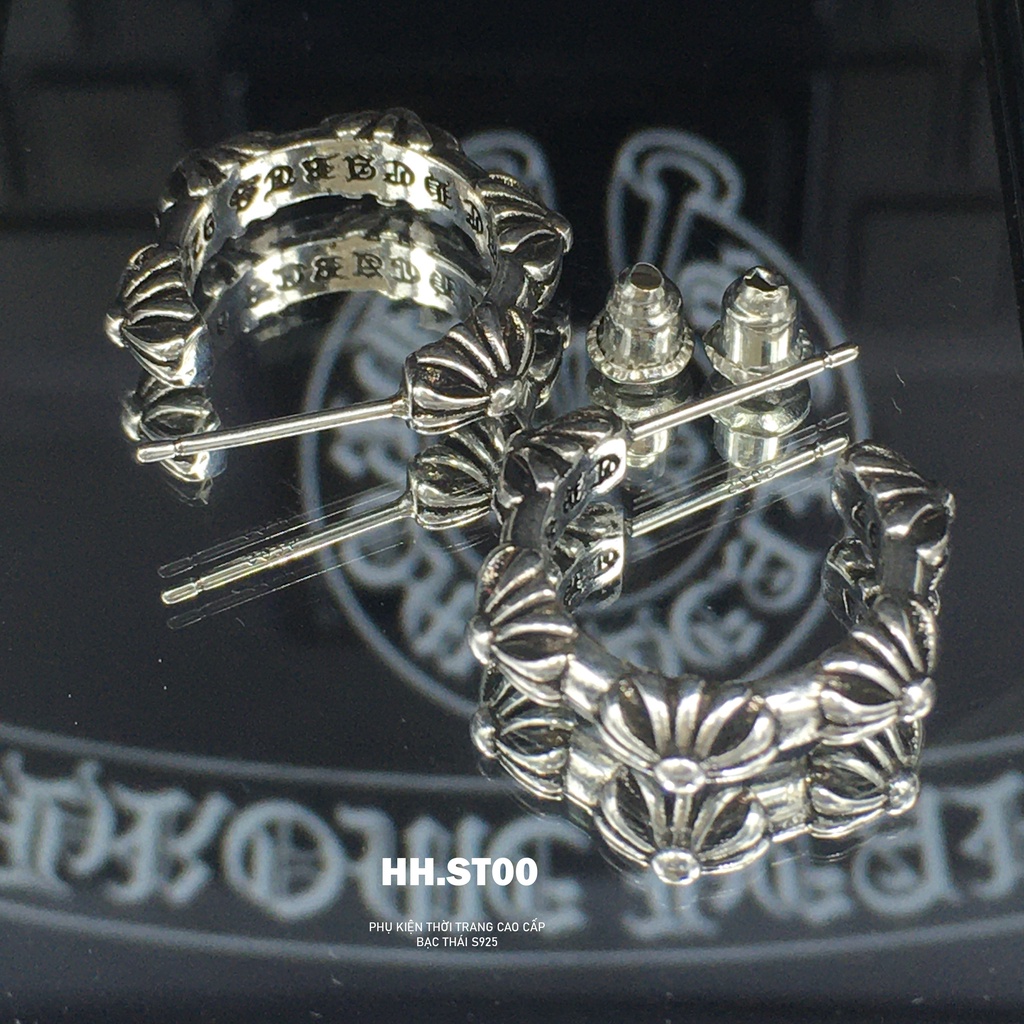 Khuyên tai Chrome heart, khuyên tai bạc tròn ,hoa tai họa tiết 5 bông nổi , Trang sức bạc cao cấp HHST00 Mã K0009