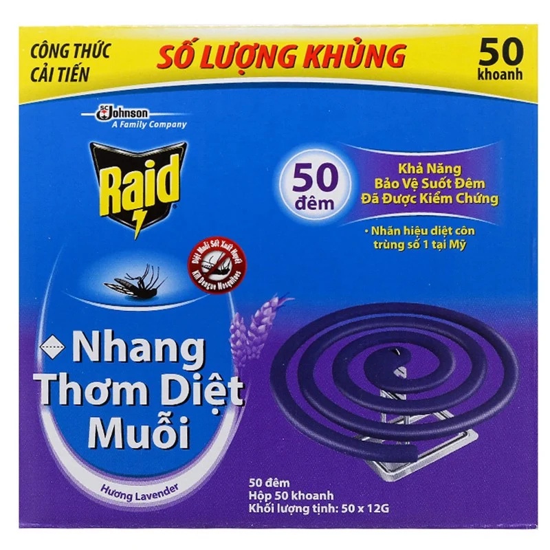 NHANG MUỖI RAID HƯƠNG LAVENDER HỘP 50 KHOANH