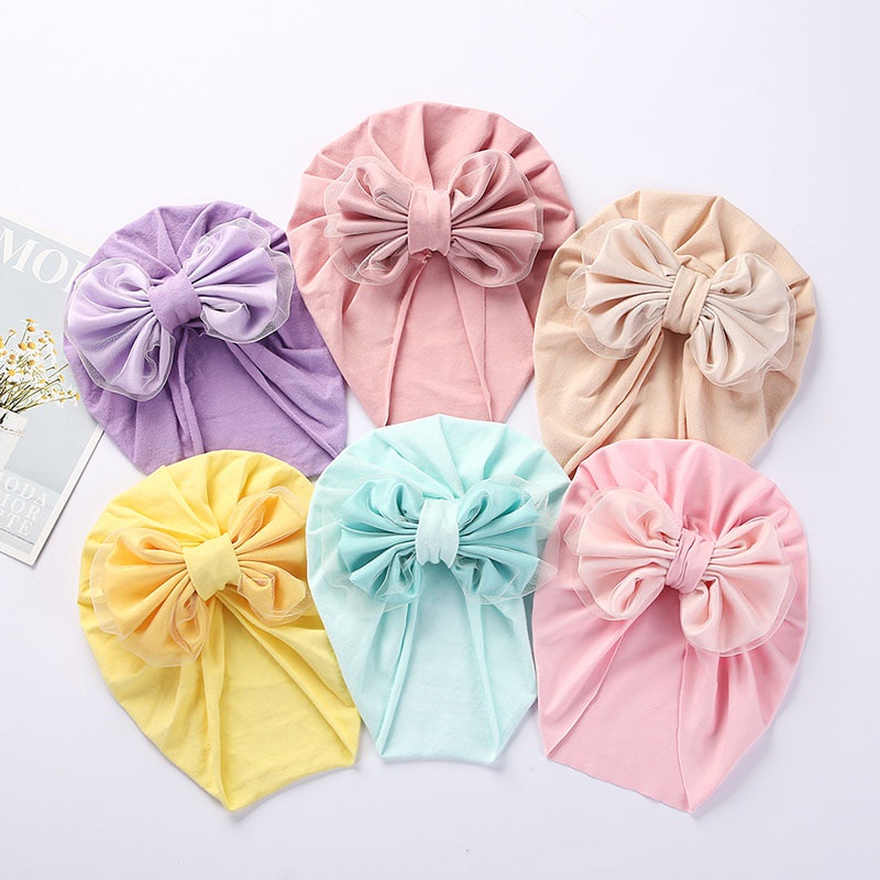 Mũ Beanie Cotton Mềm Thắt Nơ Màu Trơn Dễ Thương Cho Bé Gái Sơ Sinh