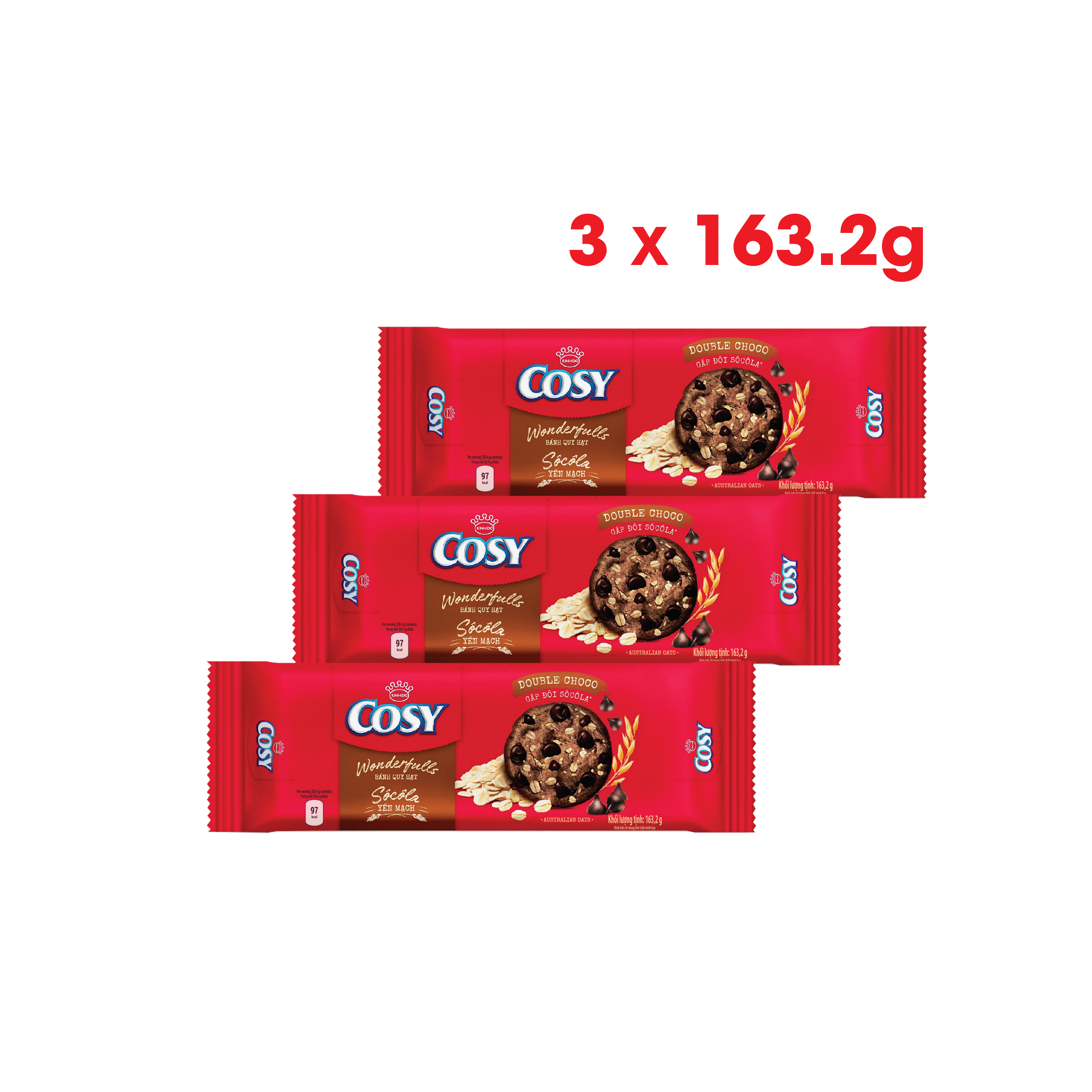 Combo 3 gói bánh quy Cosy Wonderfulls Sôcôla Yến Mạch gấp đôi sôcôla (3x163.2g)