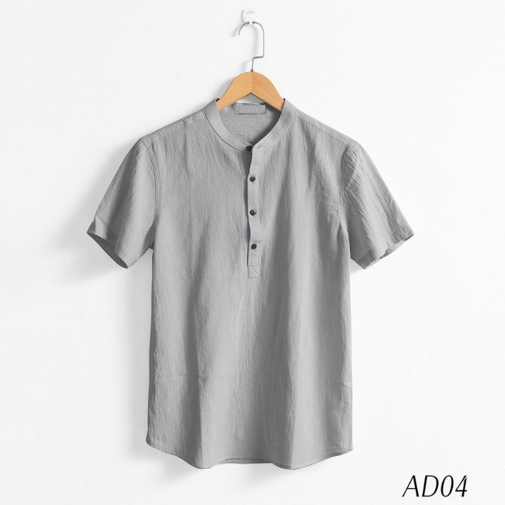 Áo Sơ Mi Nam Vải Đũi Kiểu Chui Đầu Cổ Tàu 4 Cúc