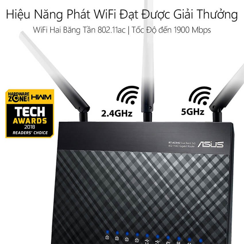 Bộ phát wifi Asus RT-AC68U Băng tần kép, Chuẩn AC1900 (Hàng chính Hãng)