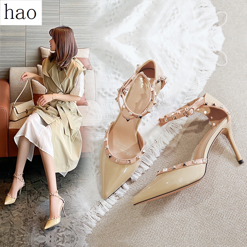 Giày Sandal Cao Gót Mũi Nhọn Đính Đinh Tán Thời Trang Mùa Hè Năm 2021 Cho Nữ