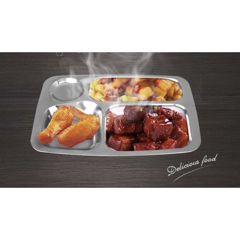 Khay cơm inox 4 ngăn giá rẻ, kích thước 29x21cm gồm 4 ô chia, thuận tiện cho việc chia món ăn, đồ ăn, thực phẩm