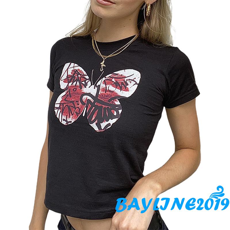 Áo thun croptop tay ngắn cổ tròn dáng ôm in họa tiết thời trang mùa hè cho nữ