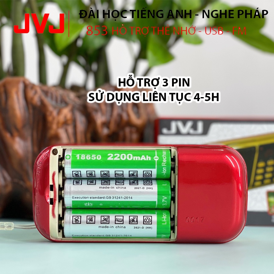 Loa đài JVJ J-853 3 pin siêu khỏe,đài FM,hỗ trợ thẻ nhớ, USB, học tiếng anh,nghe pháp