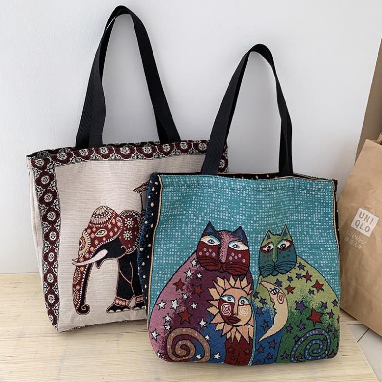 Túi tote, túi vải canvas đeo vai ReTro Châu Âu họa tiết thổ cẩm xinh xắn