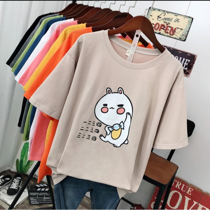 Áo thun thỏ trắng đeo nơ, phom rộng, chất cotton thoáng mát nha