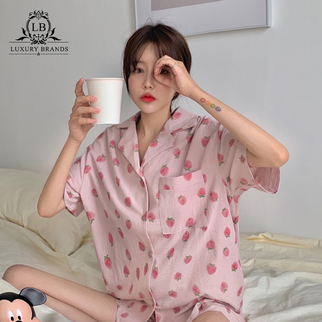 [SẴN] Bộ set ngủ pijama ngắn tay chất đẹp hình dâu tây