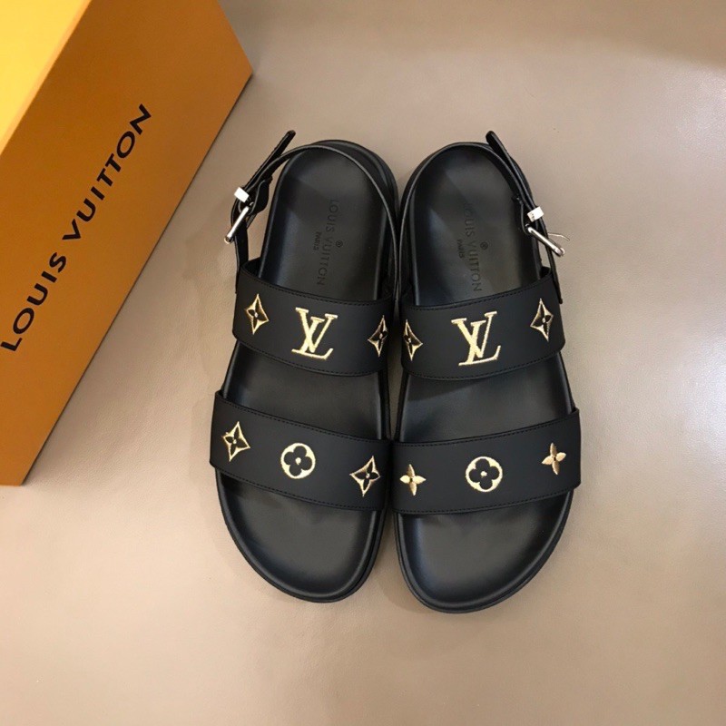 Sandal nam quai ngang da thật cao cấp Louis Vuitton thêu logo LV