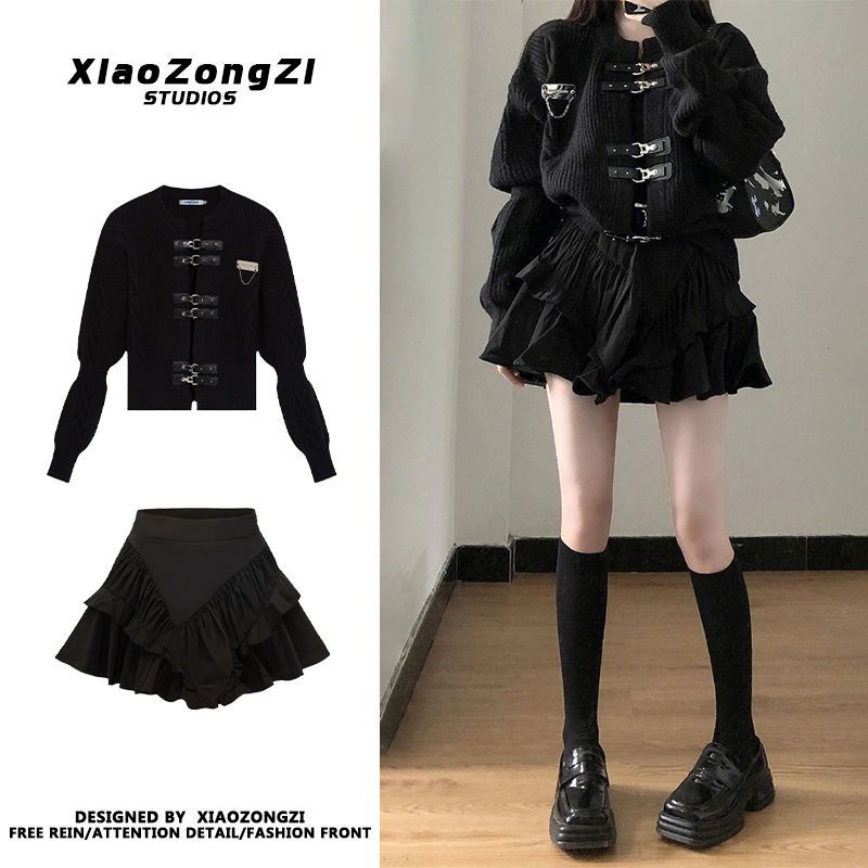 Bộ Áo Khoác Cardigan Dáng Ngắn / Váy Ngắn Dáng Chữ A Cài Nút Bằng Da Thời Trang Mùa Thu Cho Nữ