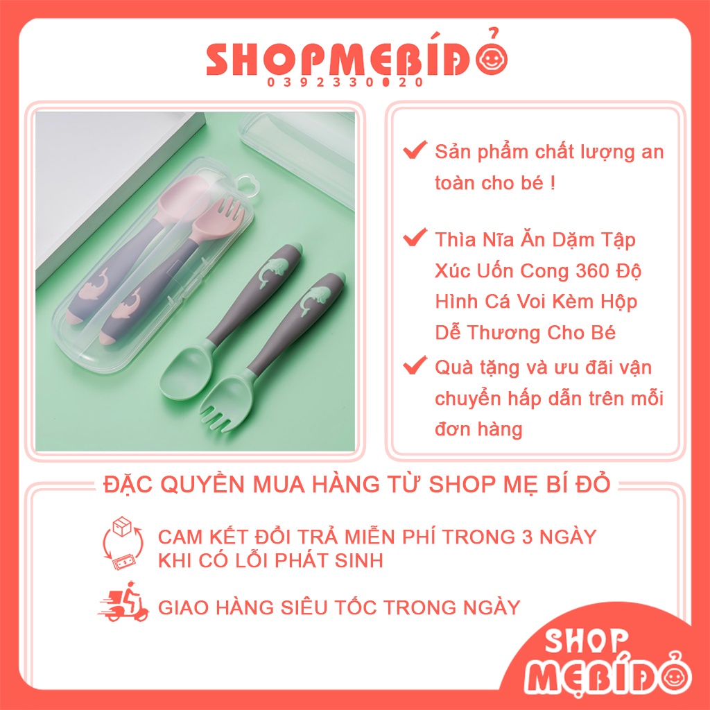 Thìa Nĩa Ăn Dặm Tập Xúc Tập Ăn Uốn Cong 360 Độ Hình Cá Voi Kèm Hộp Dễ Thương Cho Bé Shop Mẹ Bí Đỏ AT07