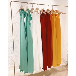 ĐẦM YẾM MAXI SUÔNG CỘT NƠ CỔ HỞ LƯNG