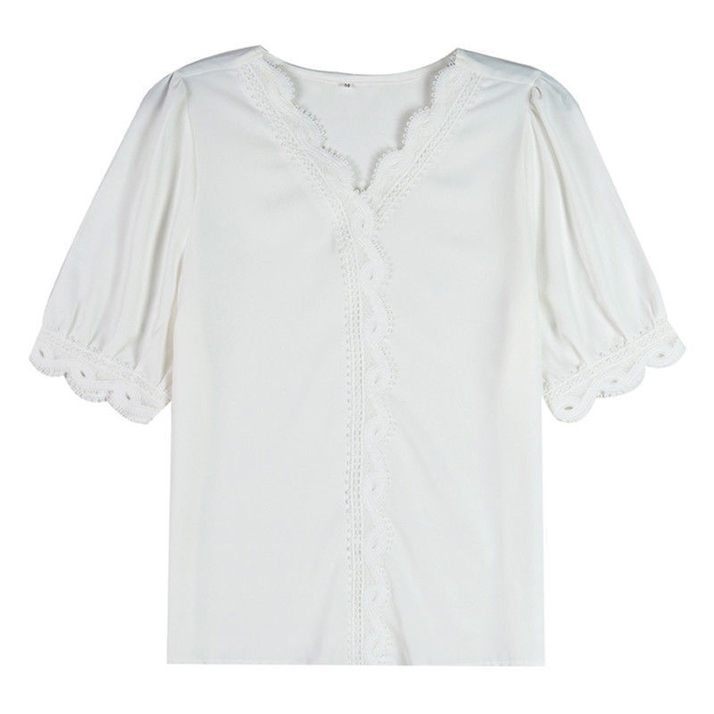 Áo Sơ Mi Trơn Ngắn Tay 161410 Áo Sơ Mi Chiffon Cổ Chữ v Dáng Rộng Phối Ren Phong Cách Phương Tây