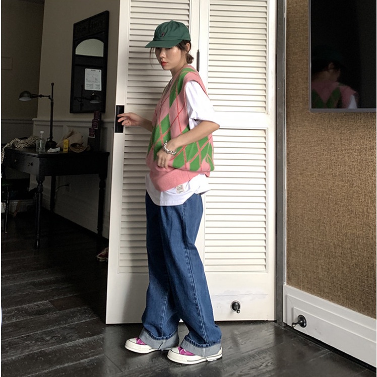 Áo dệt kim không tay dáng rộng phong cách retro đơn giản