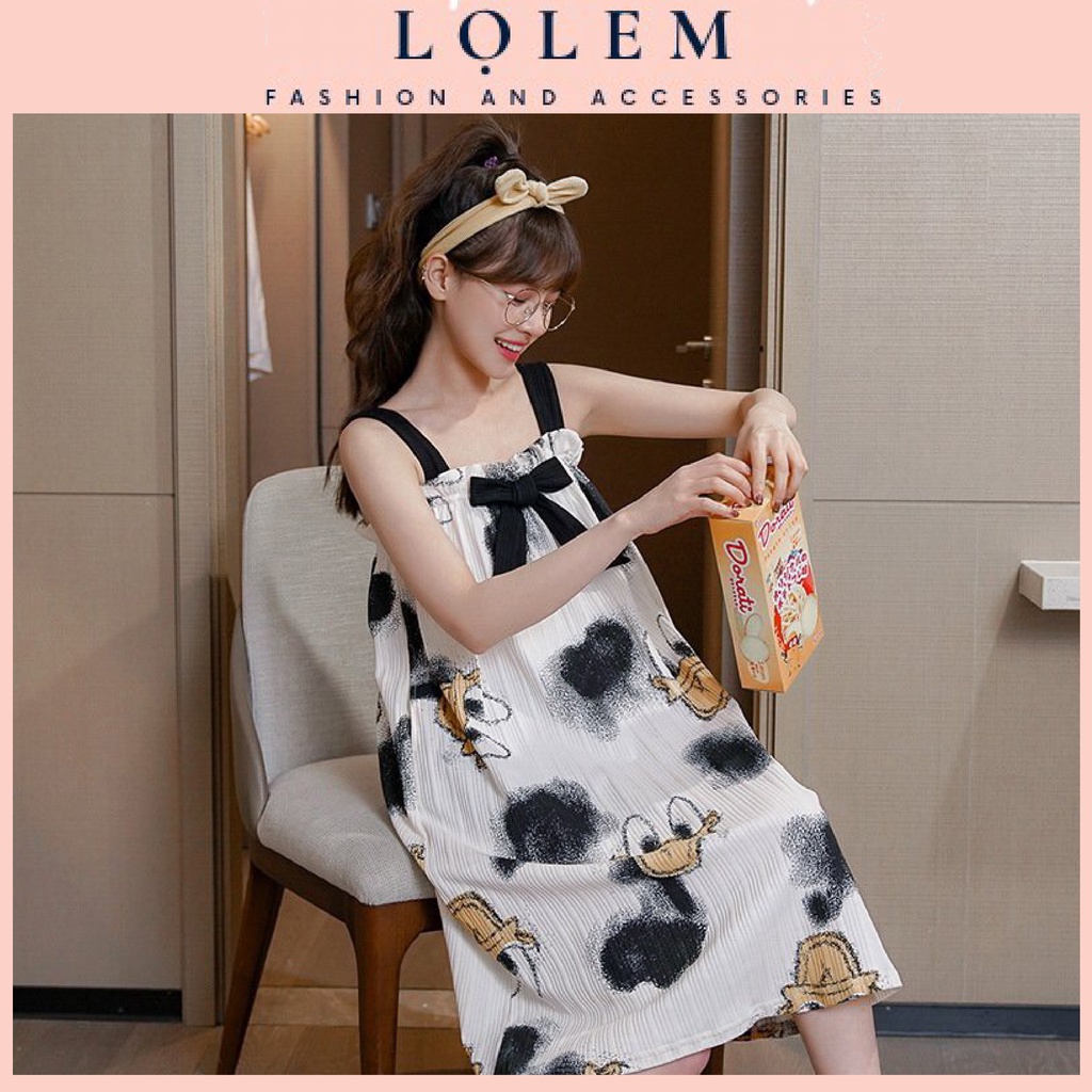 Đầm Ngủ Nữ Không Tay , Váy Ngủ Nữ Hai Dây Họa Tiết Dễ thương Sexy Chất Cotton Mềm Mặc Nhà Thoải Mái